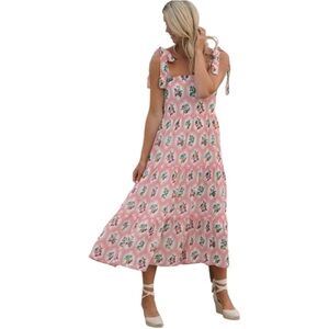 Elegant Pink Floral Midi Dress with Bow Straps